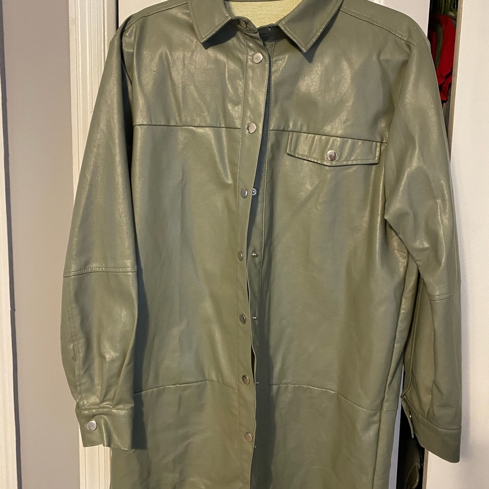 Missguided Green Leather Jacket Classic Collar Relaxed Fit